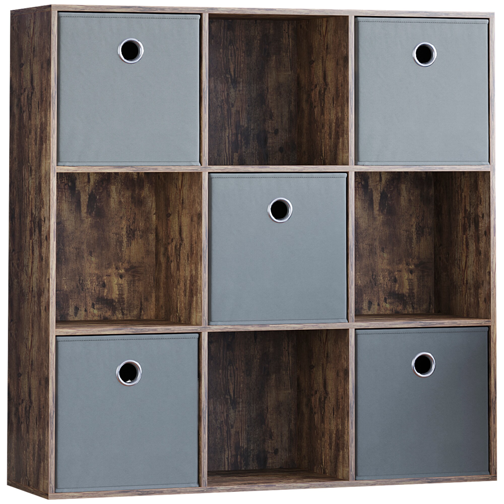 Vida Designs Durham 3x3 Cube Storage Unit, Dark Wood & Set of 5 White Cube Storage Baskets