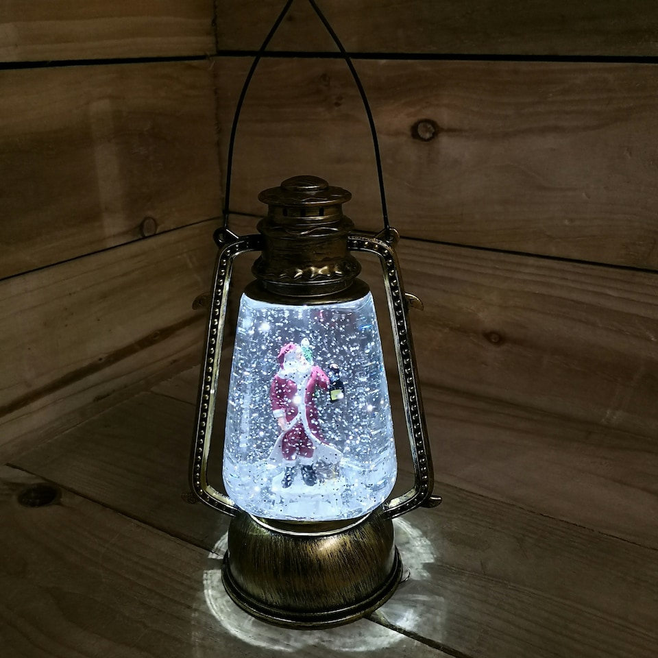 image 1 of 24cm Christmas Water Spinner Antique Gold Effect Hurricane Lantern Style  with Santa Scene
