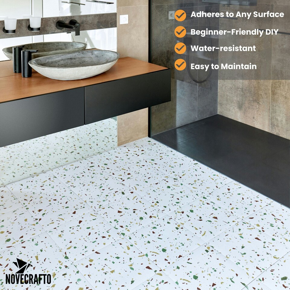 image 1 of NOVECRAFTO Vinyl Floor Tiles Self Adhesive – 12x12in Peel and Stick Flooring for Kitchen, Bathroom & Living Room – White Terrazzo Look with Flecks White | 2.79 sqm