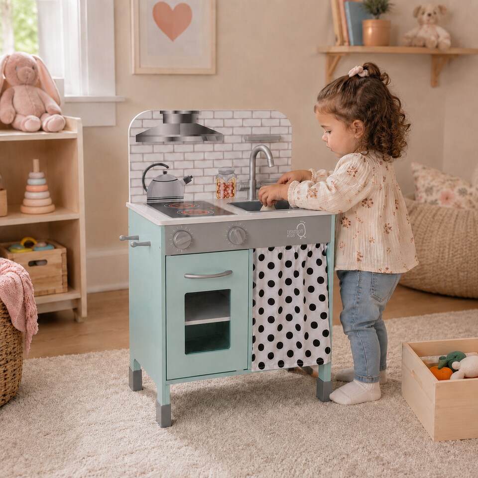 image 1 of Teamson Kids Wooden Play Kitchen, Adjustable Heights, Petrol, Little Chef Philly