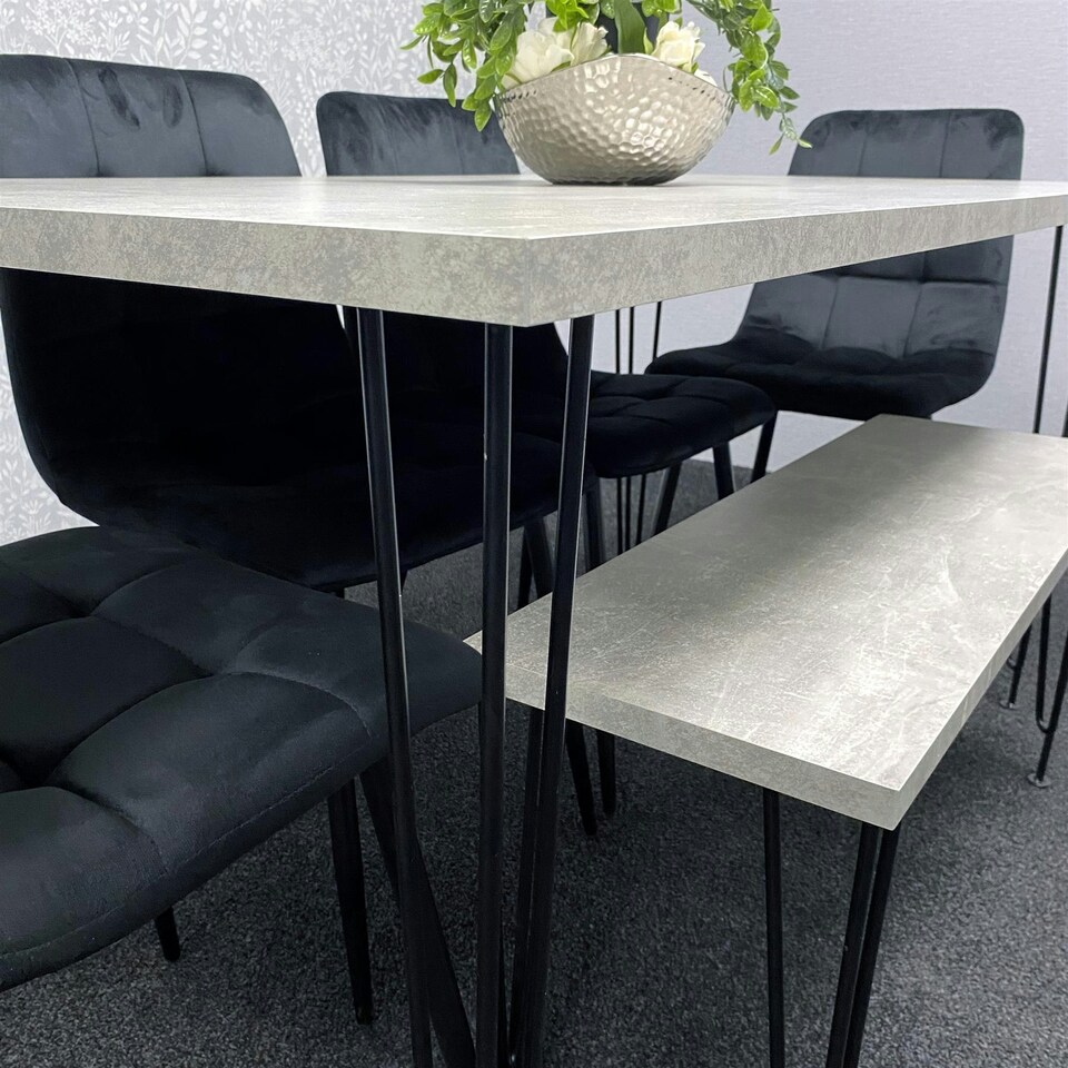image 1 of Grey Dining Table with Hairpin Legs, Bench & 4 Black Velvet Chairs Set for Kitchen & Dining Room Grey