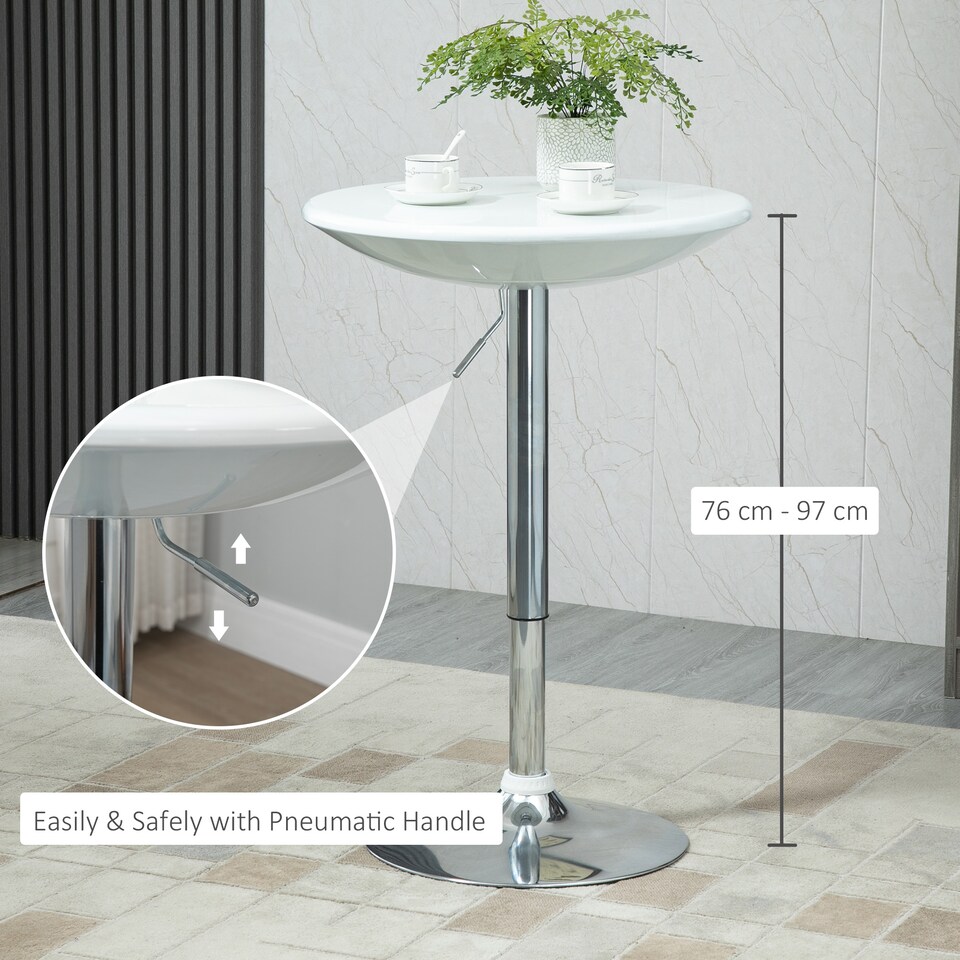 image 1 of HOMCOM Modern Round Bar Table Adjustable Height Home Pub Bistro Desk Swivel Painted Top with Silver Steel Leg and Base, White