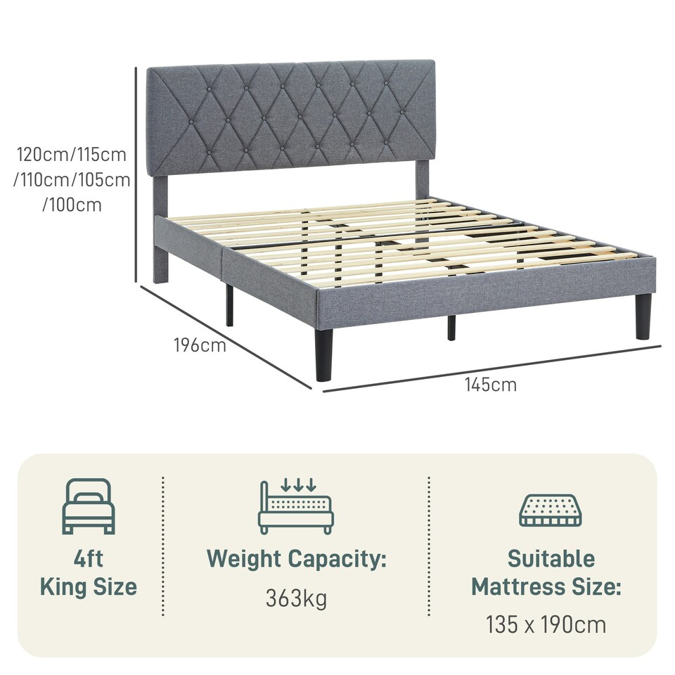 image 1 of HOMCOM Double Bed Frame with 5-Level Adjustable Linen Headboard