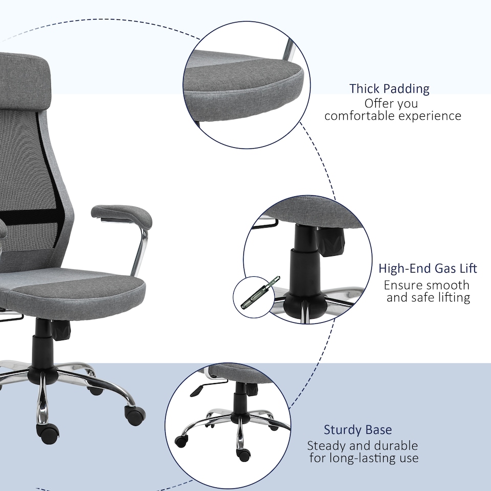image 1 of Vinsetto Office Chair, Ergonomic Desk Chair, High Back Computer Chair with Adjustable Height, Swivel Rolling Wheels, Mesh Back and Linen-Feel Fabric Seat for Home and Study, Grey