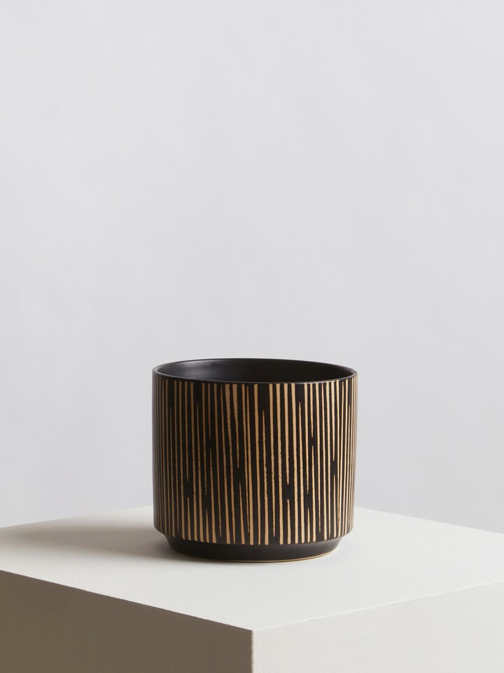 image 1 of Orsina Large Black & Cream Ceramic Planter for Home, Handcrafted Modern Tall Cylindrical Planter In Black and Cream