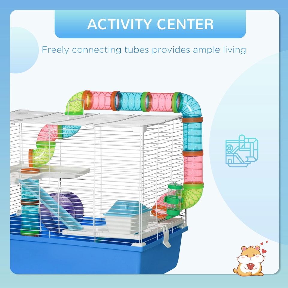 image 1 of PawHut Hamster Cage w/ Tubes Exercise Wheel, Water Bottle, Food Dish - Blue
