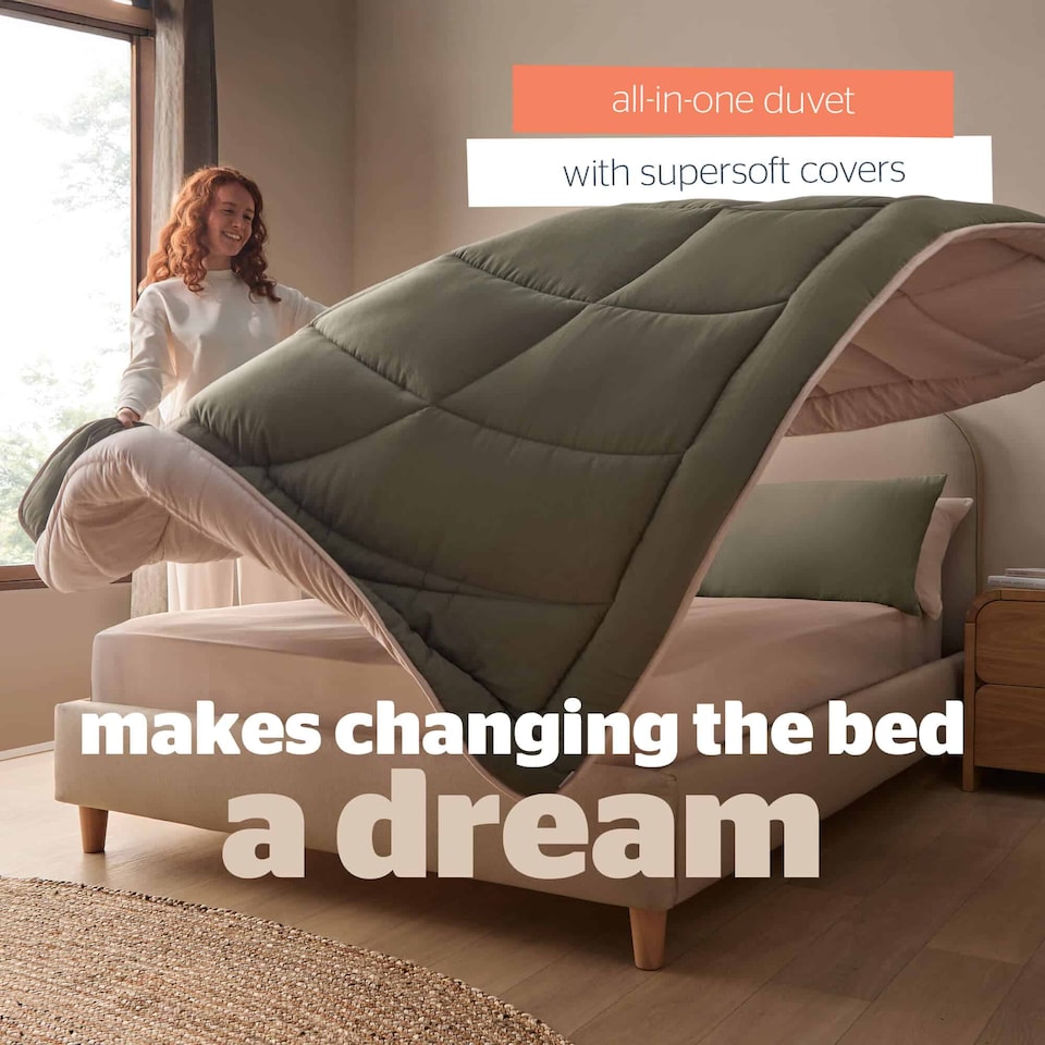 image 1 of Silentnight Coverless Duvet and Pillowcase Set, Washed Effect, Reversible - Green Natural | Green | Natural Reverse