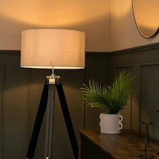 ValueLights Black Wood And Silver Chrome Tripod Floor Lamp With Grey Drum Shade