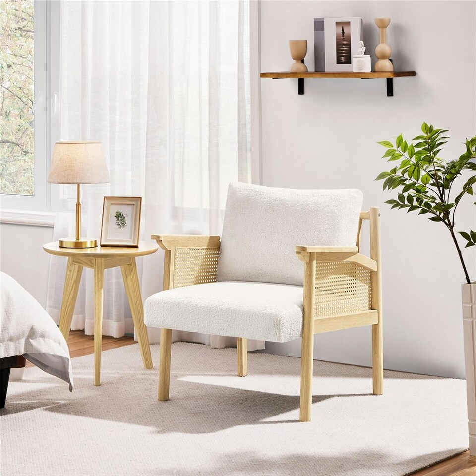 image 1 of Yaheetech Boucle Accent Chair with Seat Cushion and Back Pillow White