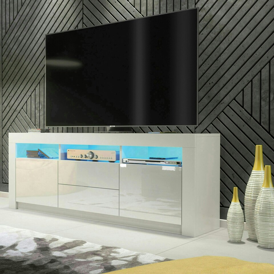 image 1 of TV Unit 160cm White Gloss Doors & Drawers Free LED Matt Body White