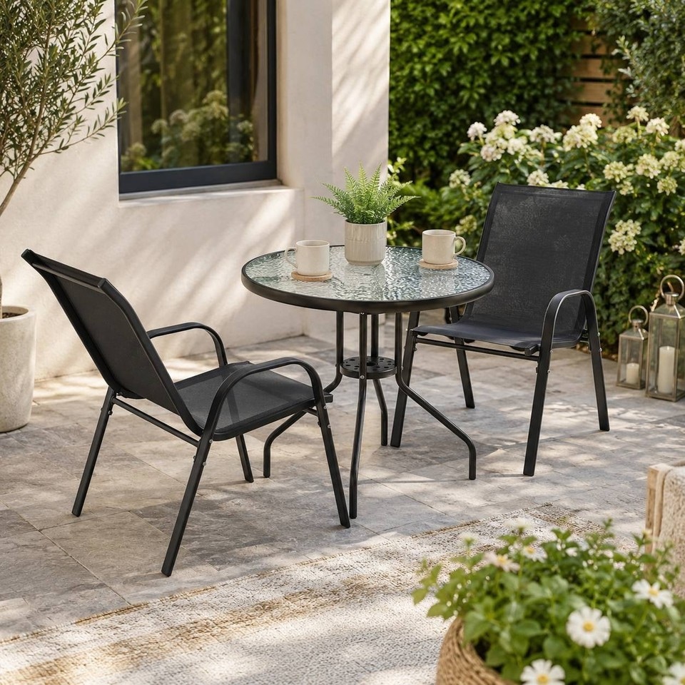image 1 of 3 Pcs Garden Round Glass Top Table & 2 Chairs Bistro Set