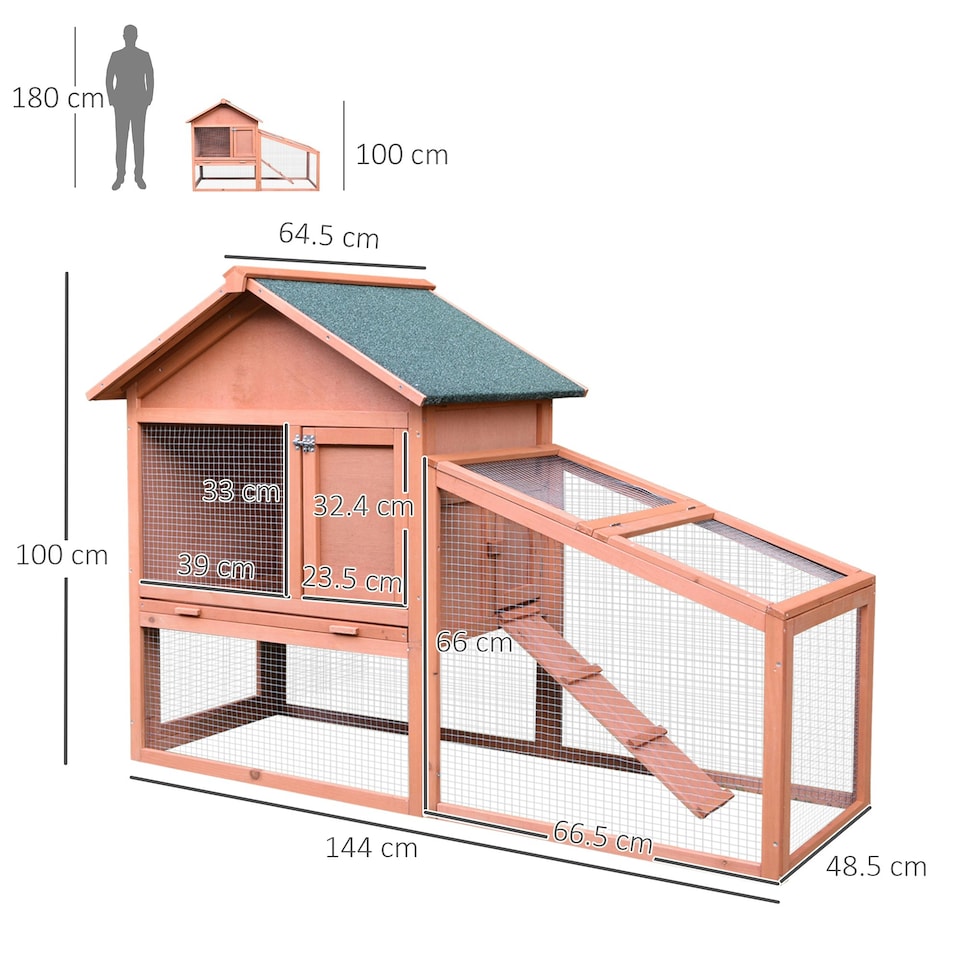 image 1 of PawHut Rabbit Hutch, 2 Tier Bunny House with Asphalt Roof, Ramp, tray, Green