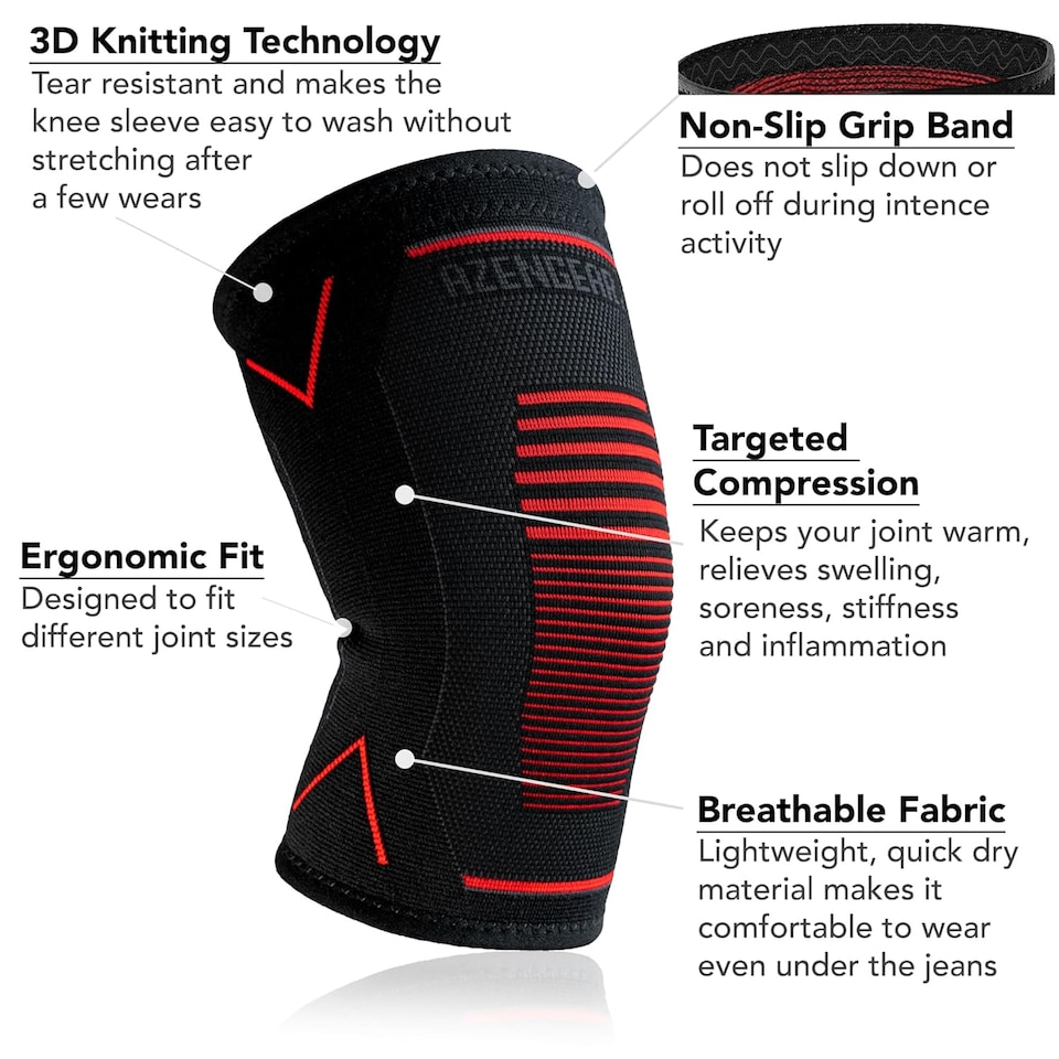 image 1 of aZengear Knee Support Brace (Pair) - Compression Knee Sleeve for Joint Pain, Ligament Injury, Meniscus Tear, Arthritis (M)