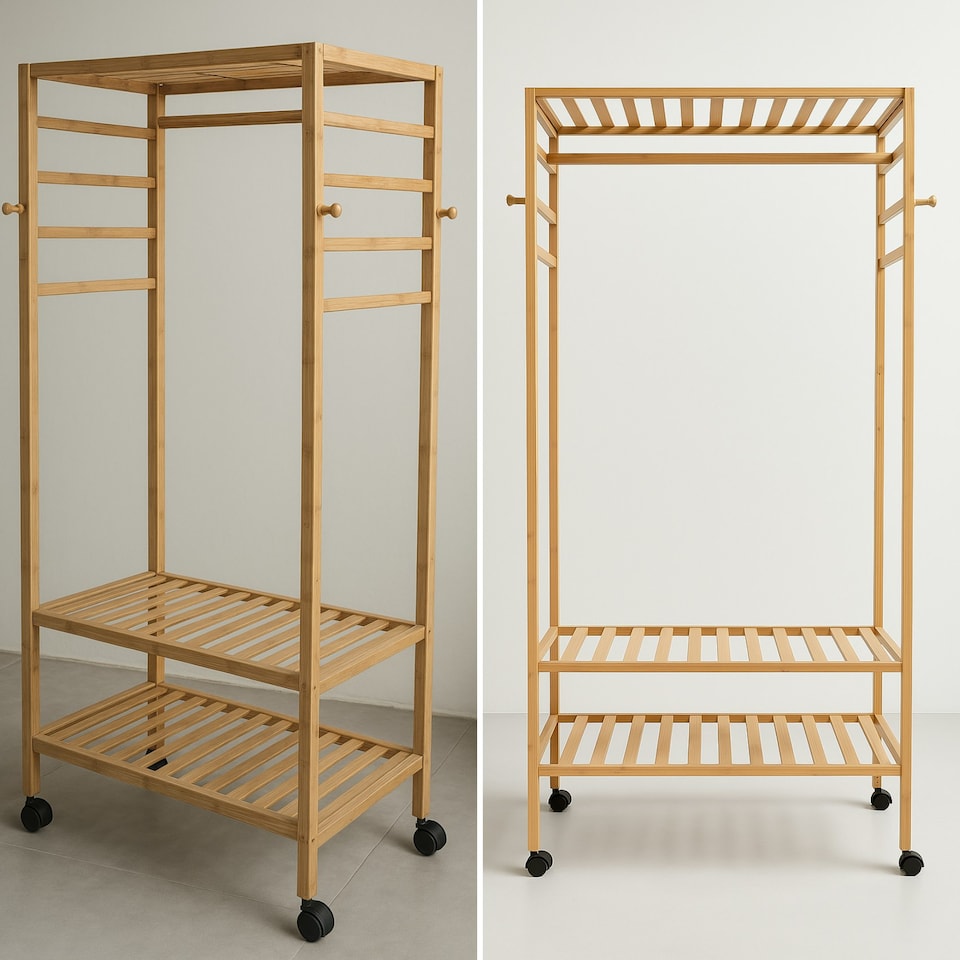 image 1 of Bamboo Clothes Rack | Portable Open Wardrobe with Shoe Storage Brown | One Size