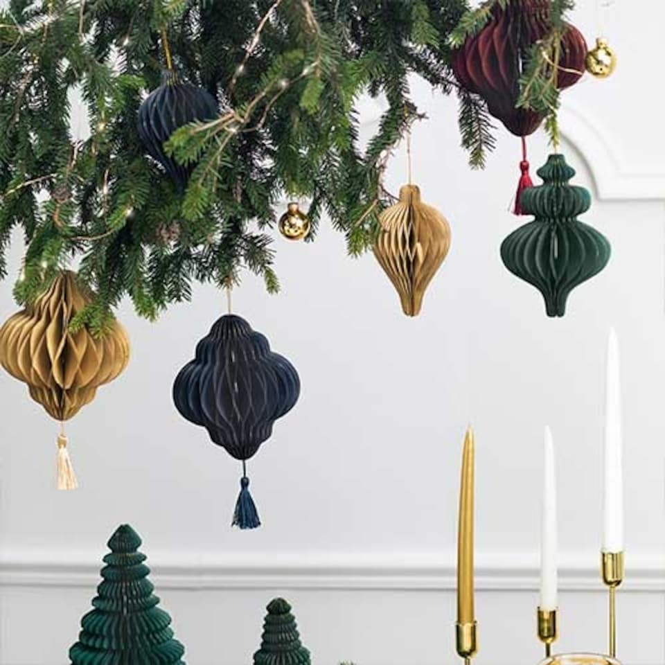 image 1 of Beige Honeycomb Lantern with Tassel Hanging Paper Bauble Decoration 15cm