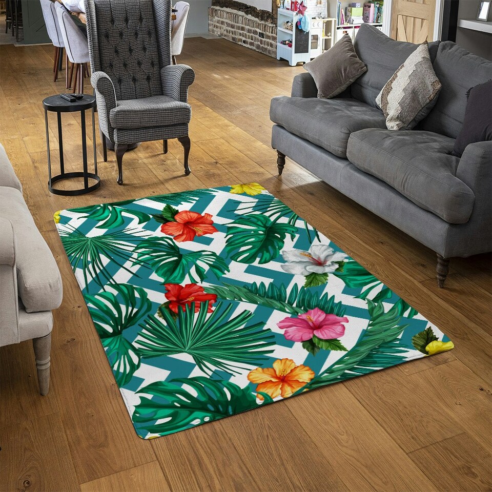 image 1 of Tropical Leaves & Geometrics (Rug) Green | Large: 140x200cm