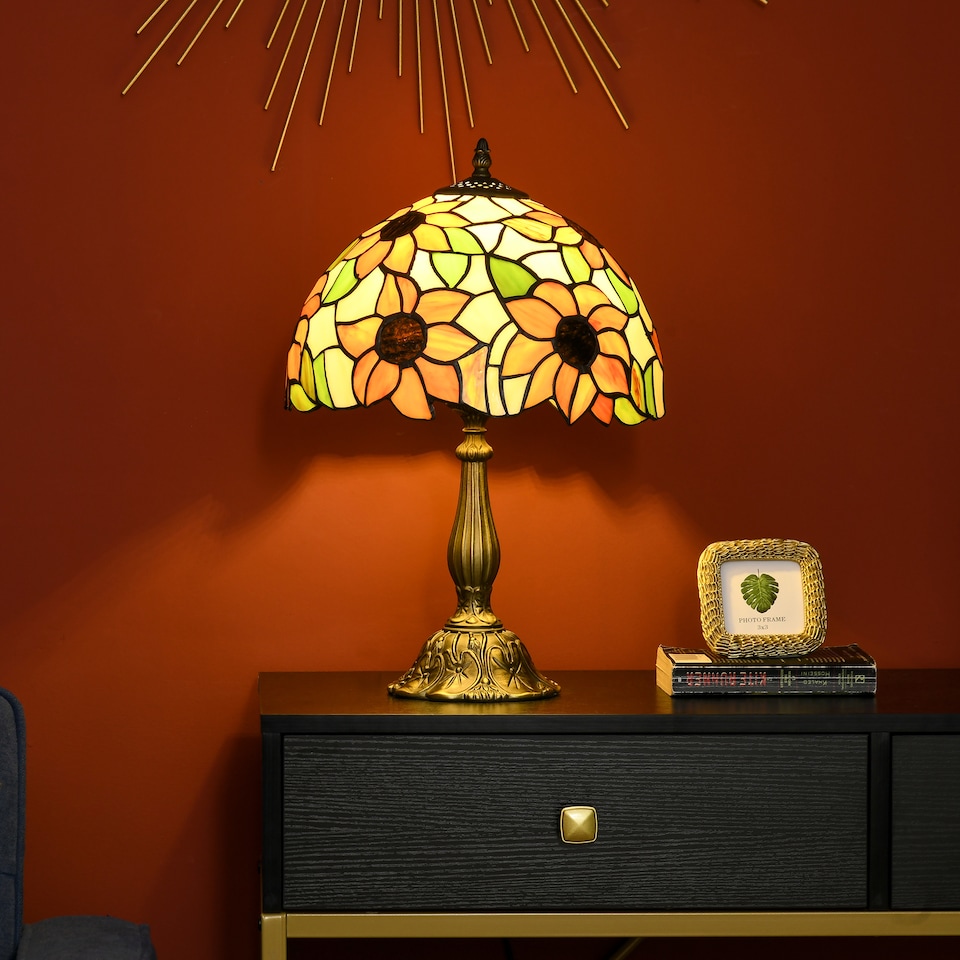 image 1 of HOMCOM Stained Glass Table Lamp, Handmade Antique Bedside Lamp for Bedroom, Living room, Home, Nightstand, Decorative Night Light, Orange Sunflower