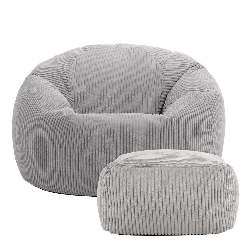 image 1 of Kingston Cord Adults Bean Bag Chair and Pouffe, Ready Filled Beanbag and Footstool Grey | Grey | Grey | 2