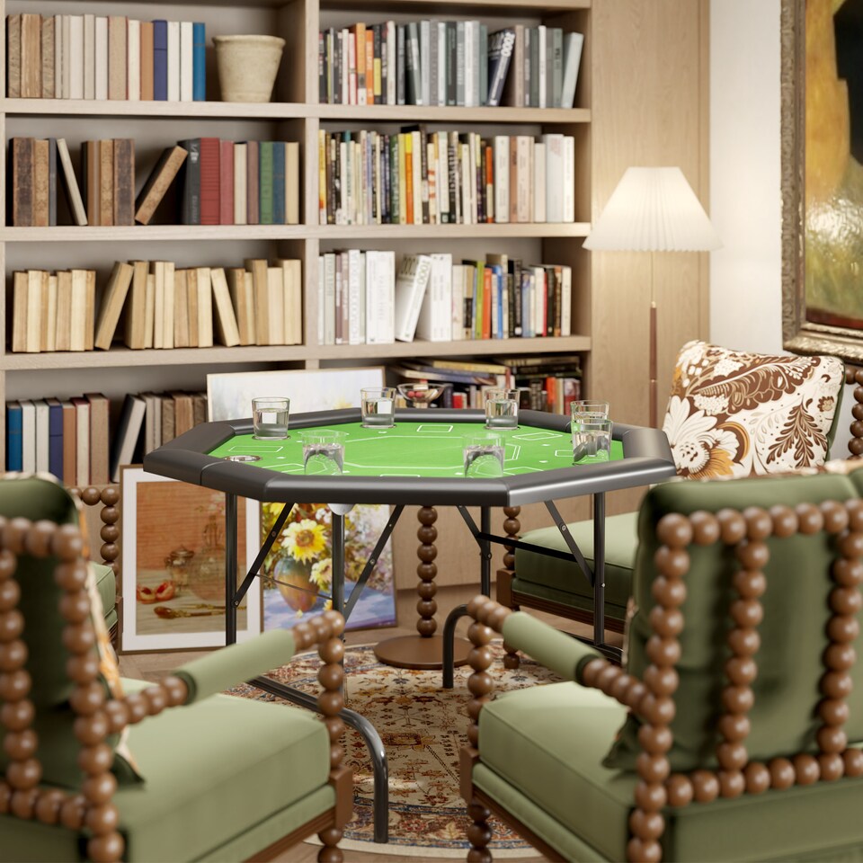 image 1 of SPORTNOW 8 Player Folding Poker Table with Cup Holders, Portable Octagon Blackjack Table with Padded Edge, Green | Green