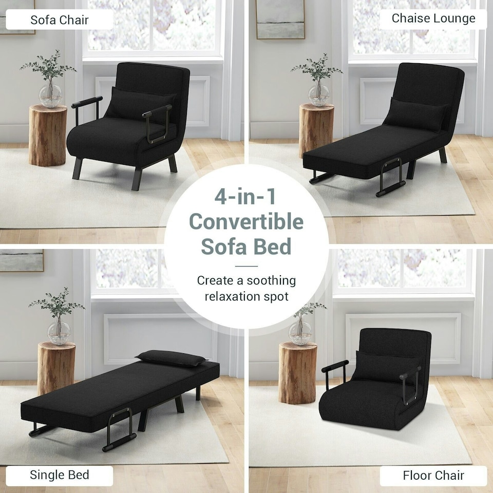 image 1 of COSTWAY Convertible Single Folding Sofa Bed Sleep Chair Dark Grey Black