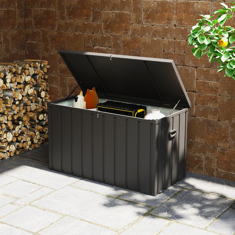 image 1 of Outsunny 450 Litre Garden Storage Box, Outdoor Storage Box with Wheels and Handles, Lockable Galvanised Steel Outside Deck Box Organiser for Tools, Cushions, Dark Grey