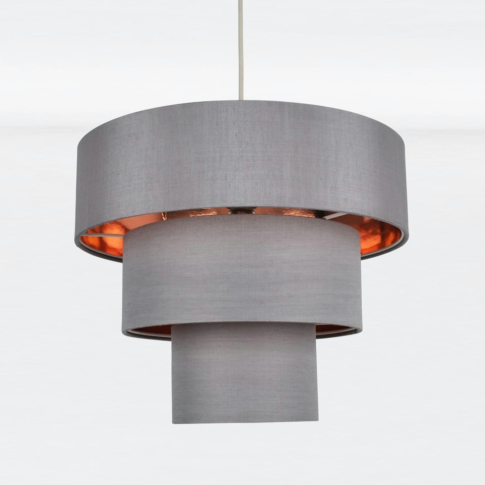 image 1 of First Choice Lighting Set of 2 Staggered 3 Tier Grey Faux Silk Slub Fabric Ceiling Adjustable Flush Shade with Copper Board Inner Chrome | Grey