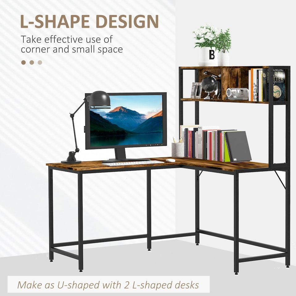 image 1 of HOMCOM Industrial L-Shaped Work Desk & Storage Shelf Steel Frame Adjustable Feet