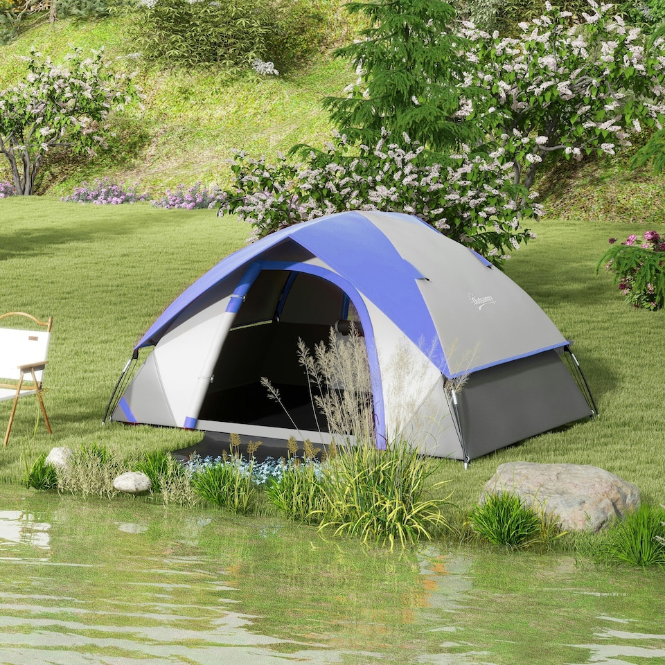 image 1 of Outsunny 2 Man Camping Tent w/ Sewn-in Groundsheet, 3000mm Waterproof, Blue Grey | Grey and Dark Blue | 210L x 150W x 110Hcm