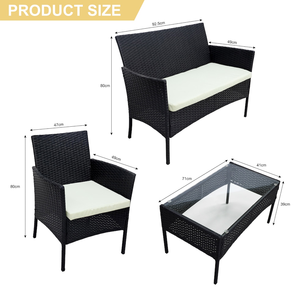 image 1 of Alivio 4 Piece Rattan Sofa Set Patio Furniture with Coffee Table Weather Resistant UV Protected Cushions for Indoor Outdoor Use | Black | 1