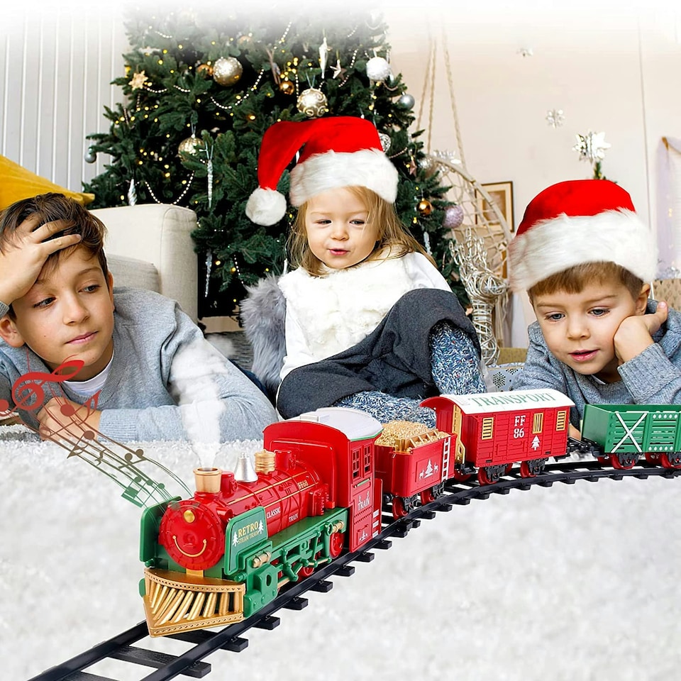 image 1 of Christmas Theme Classic Train Set for Kids with Light Realistic Sounds, Steam Effect, 3 Cars carriage and Tracks For Christmas