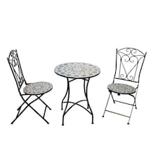 Mosaic Bistro Set with Round Table and Two Folding Chairs for Garden Patio Balcony and Outdoor Dining
