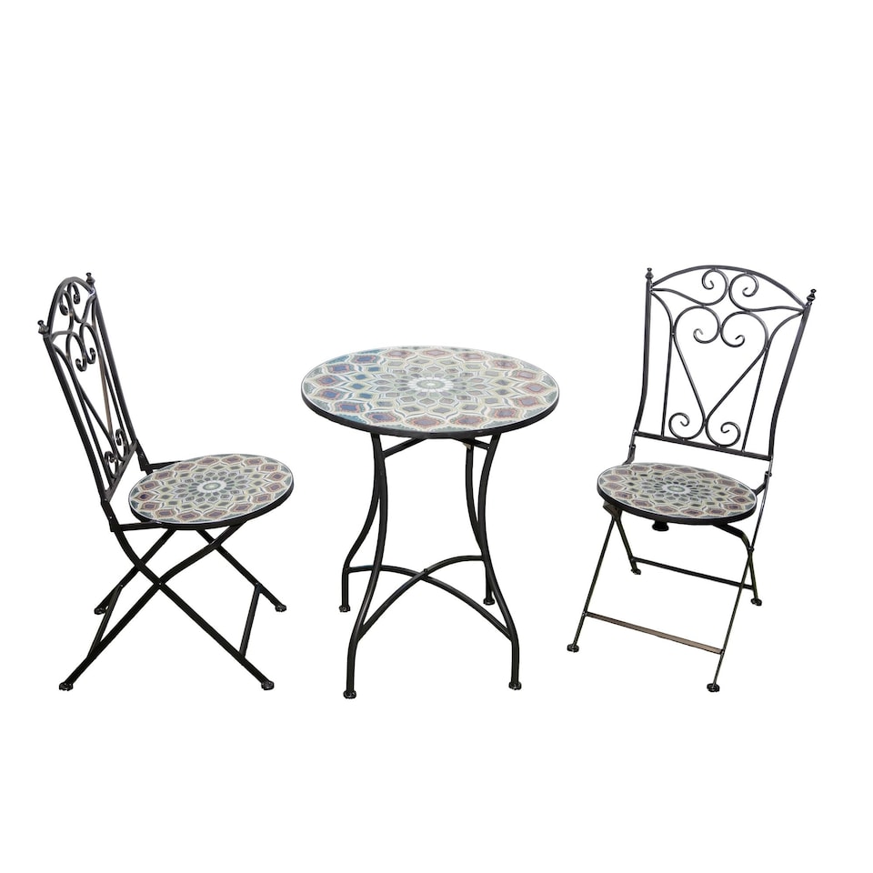 image 1 of Mosaic Bistro Set with Round Table and Two Folding Chairs for Garden Patio Balcony and Outdoor Dining