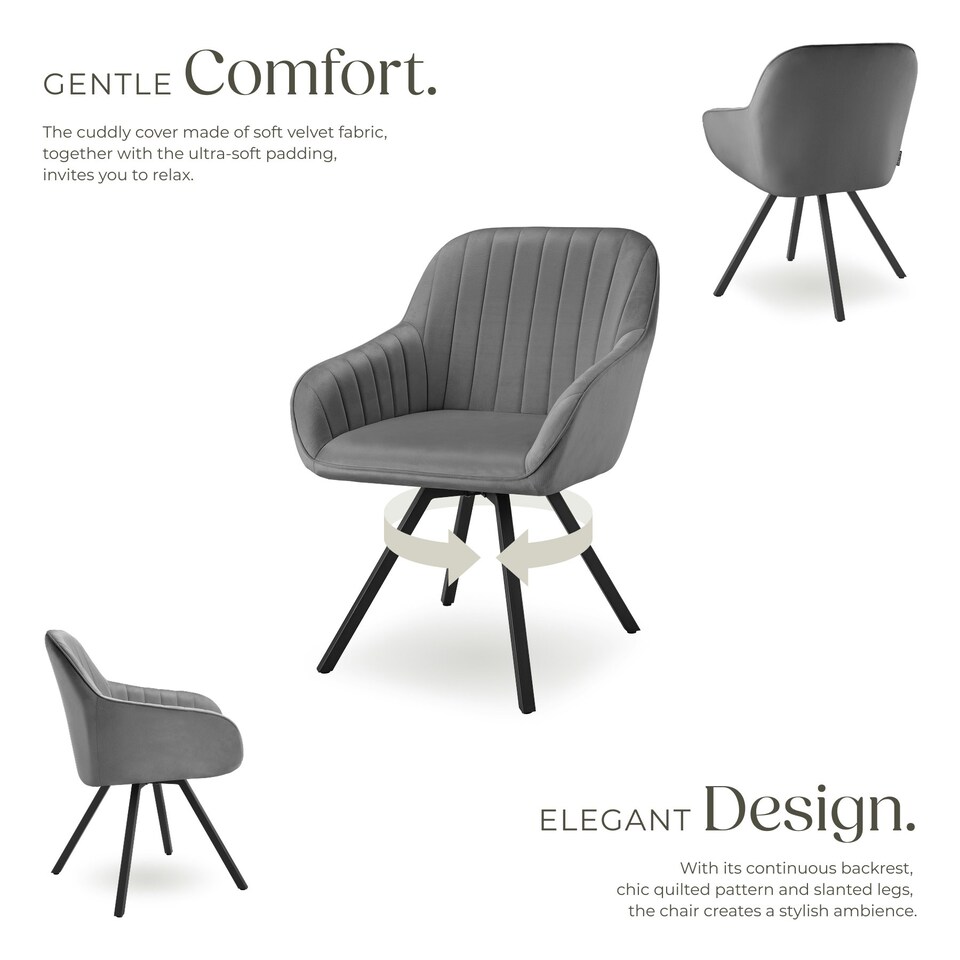 image 1 of Lounge Armchair Living Room Accent Chair 360 Swivel Slim Steel Legs Velvet Fabric - Set of 4 Grey