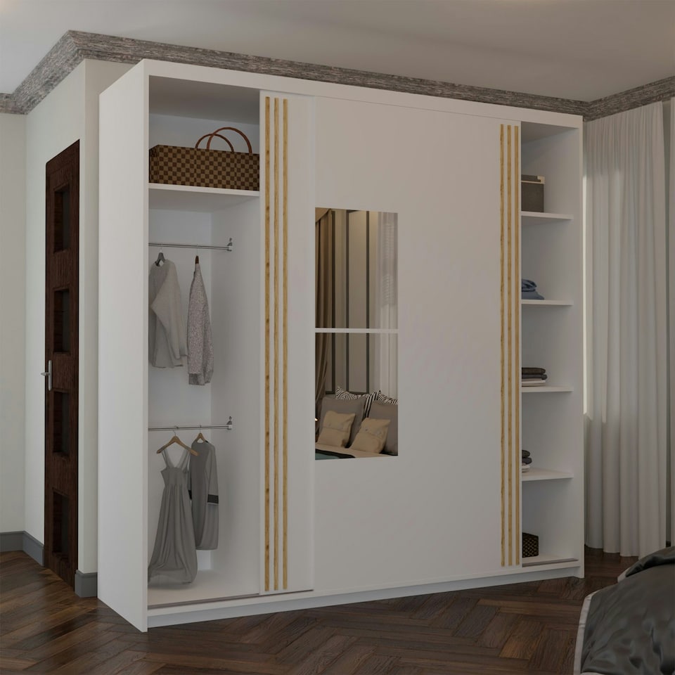 image 1 of Modern Sliding Door Wardrobe with Square Mirror - 150/203cm | White/Black/Grey Bedroom Storage White | 203cm