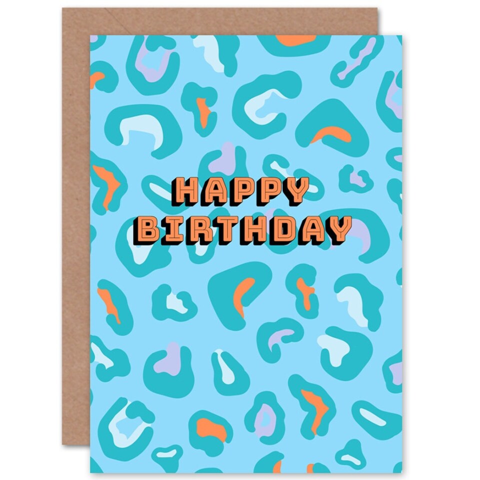 image 1 of Bright Modern Orange Blue Leopard Pattern For Her Birthday Card