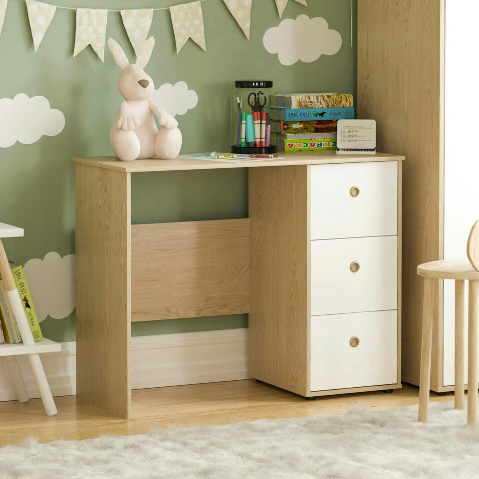 image 1 of Junior Vida Neptune 3 Drawer Desk Computer Desk Home Workstation, White & Oak