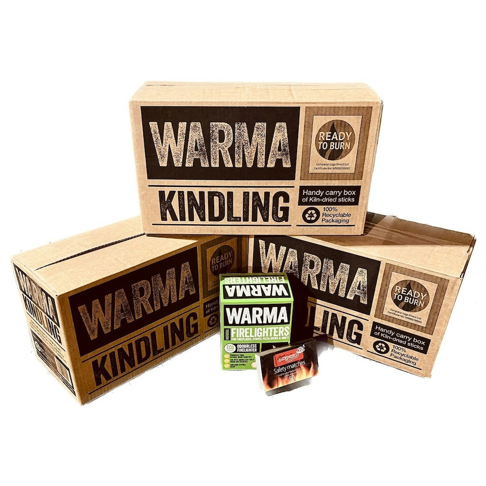 image 1 of Warma Kiln Dried Kindling Wood Bundle - 3 x Large Boxes Kindling, 1 Box 30 Eco Wood Wool Firelighters & Matches