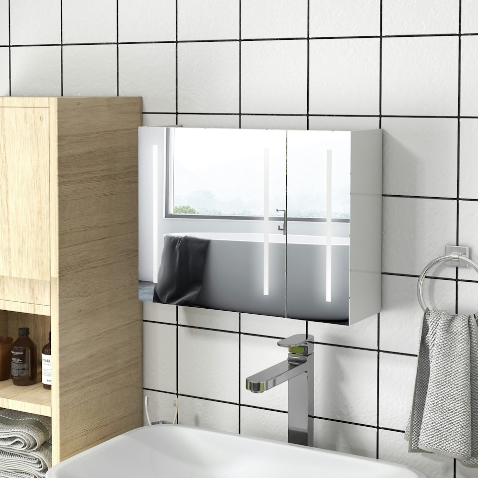 image 1 of kleankin Wall Mounted Bathroom Storage Cupboard with Light, Mirror and Shelf