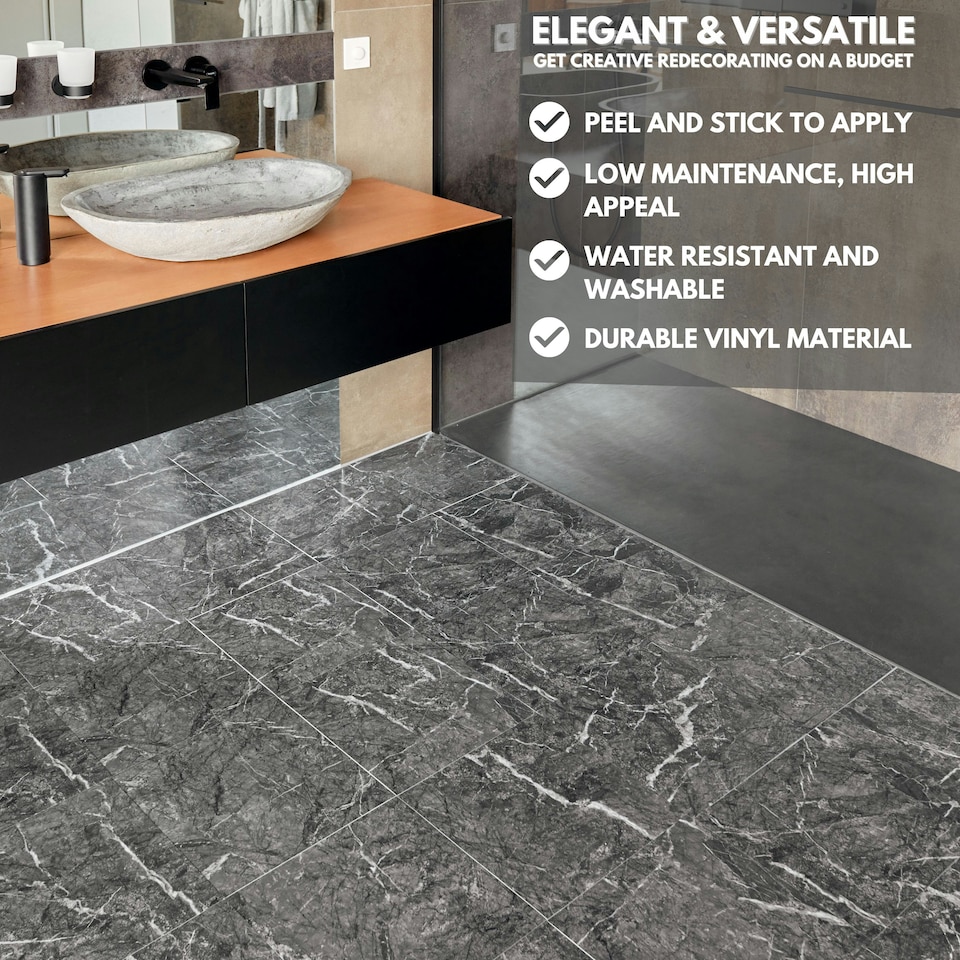 image 1 of NOVECRAFTO Self Adhesive Vinyl Floor Tiles - 12x12 in (30.5x30.5cm) - Waterproof 1.5mm Thick Peel & Stick Flooring - Luxe Marble Effect for Kitchen | Black | 2.79 sqm