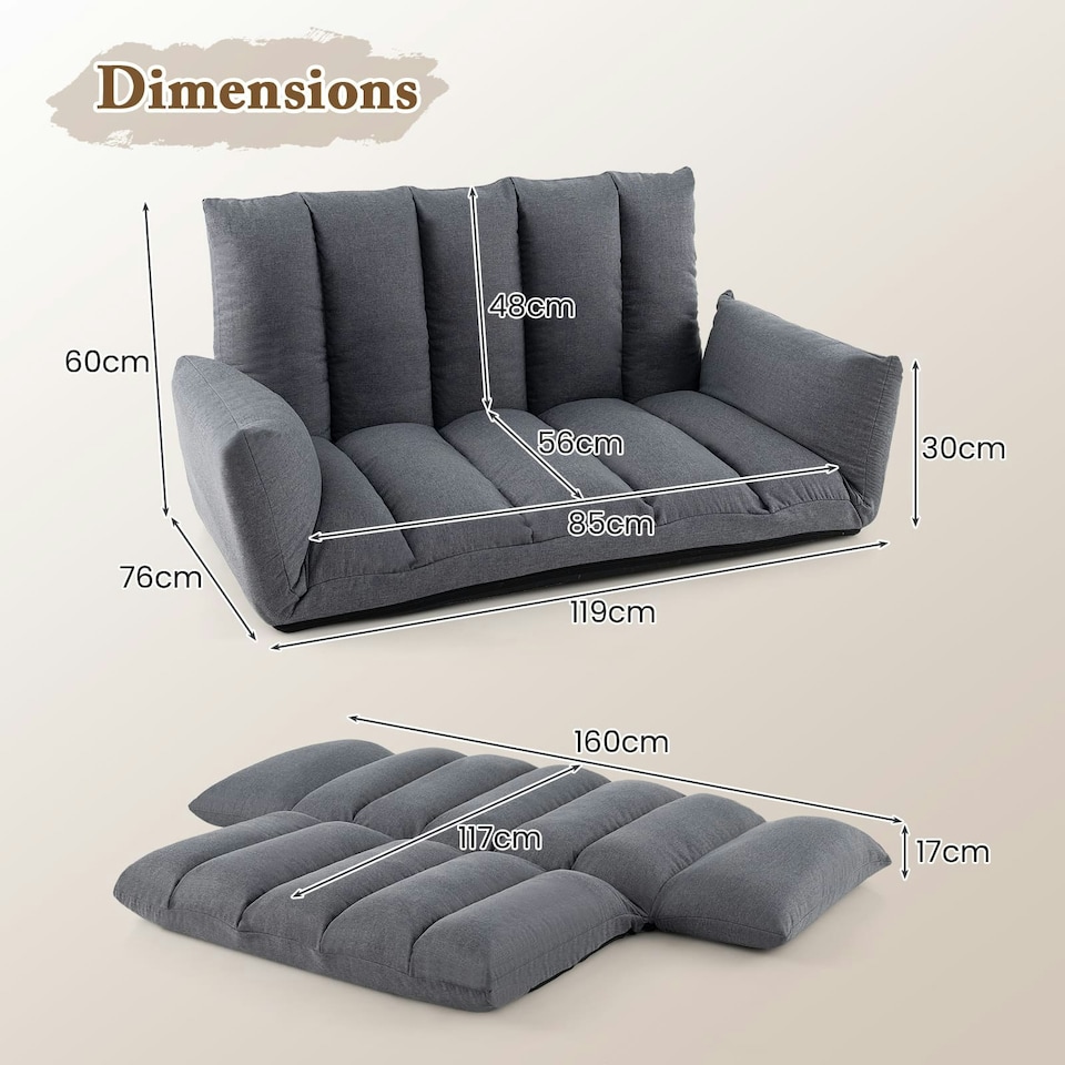 image 1 of COSTWAY Foldable Floor Sofa Upholstered Recliner Chair Grey