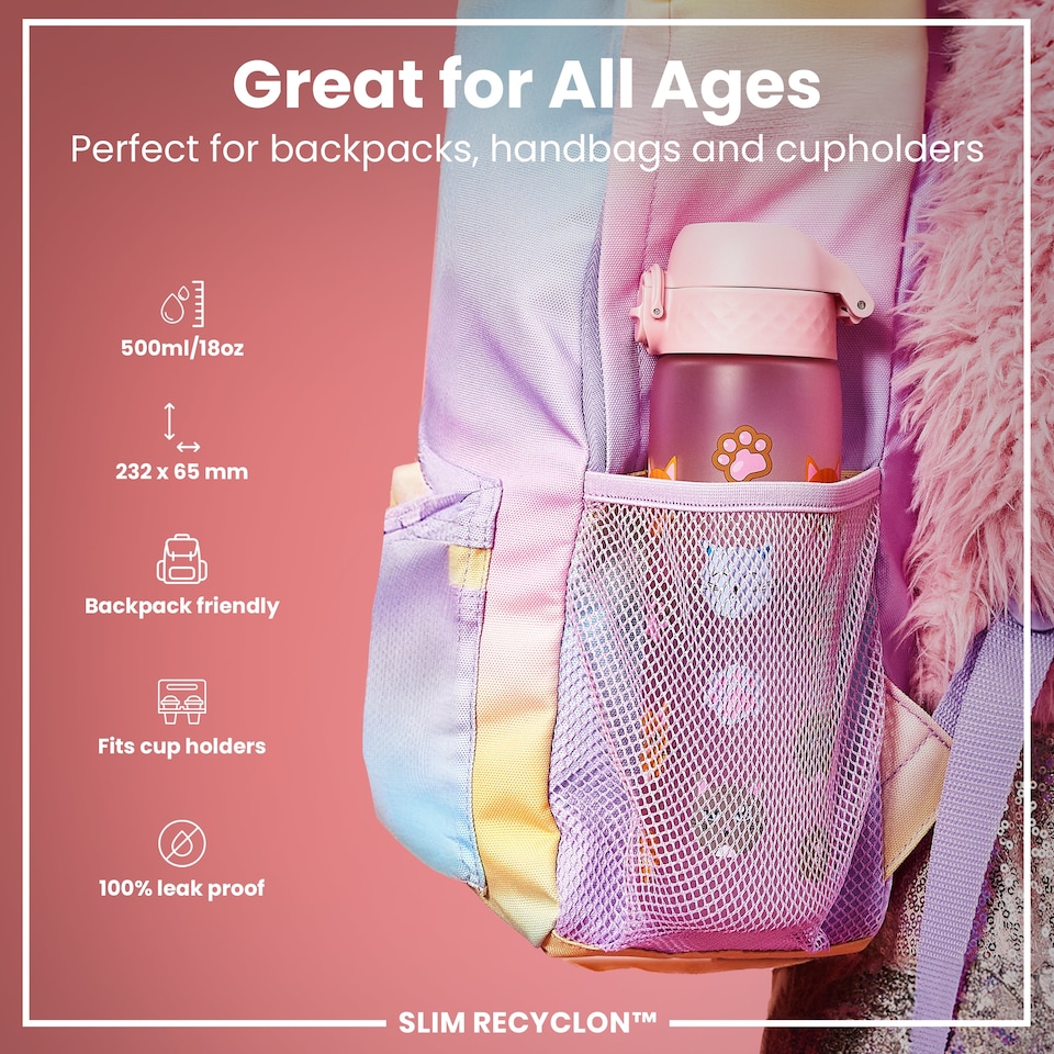 image 1 of Leak Proof Slim Water Bottle, BPA Free, 500ml (18oz) | Pink | Cats | One Size