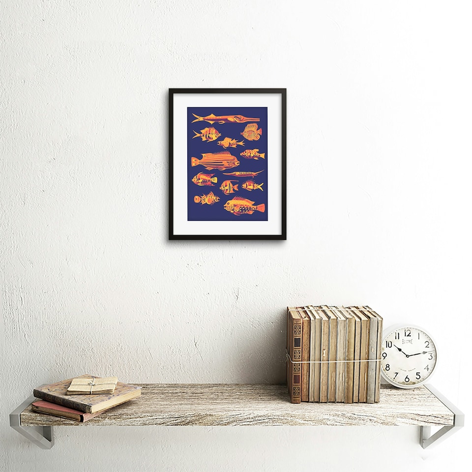 image 1 of School Of Fish Vivid Orange Blue Sea Life Bathroom 9x7" Black Framed Wall Art Print