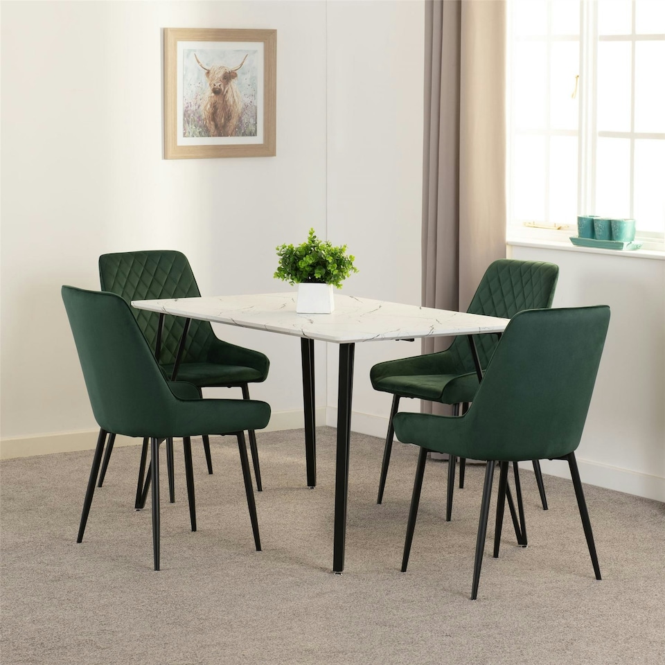 image 1 of Marlow Dining Set with Avery Chairs White | White Marble/Emerald Green