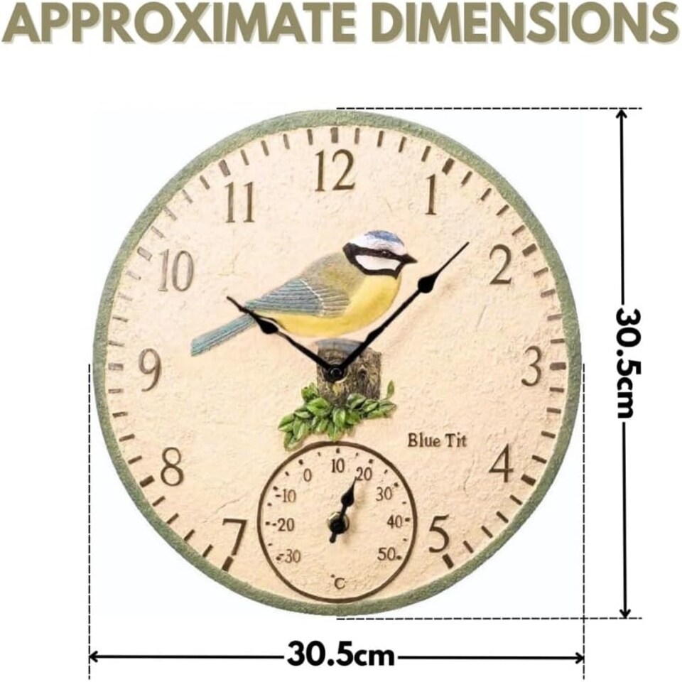 image 1 of Marco Paul 30cm Blue Bird Design Garden Clock and Thermometer Blue