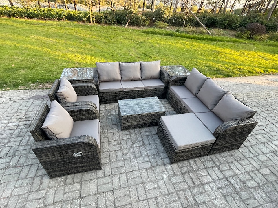 image 1 of Fimous Rattan Outdoor Garden Furniture Sofa Set Patio Table & Chairs Set with 3 Seater Sofa Reclining Chair 2 Side Table Big Footstool Dark Grey Mixed