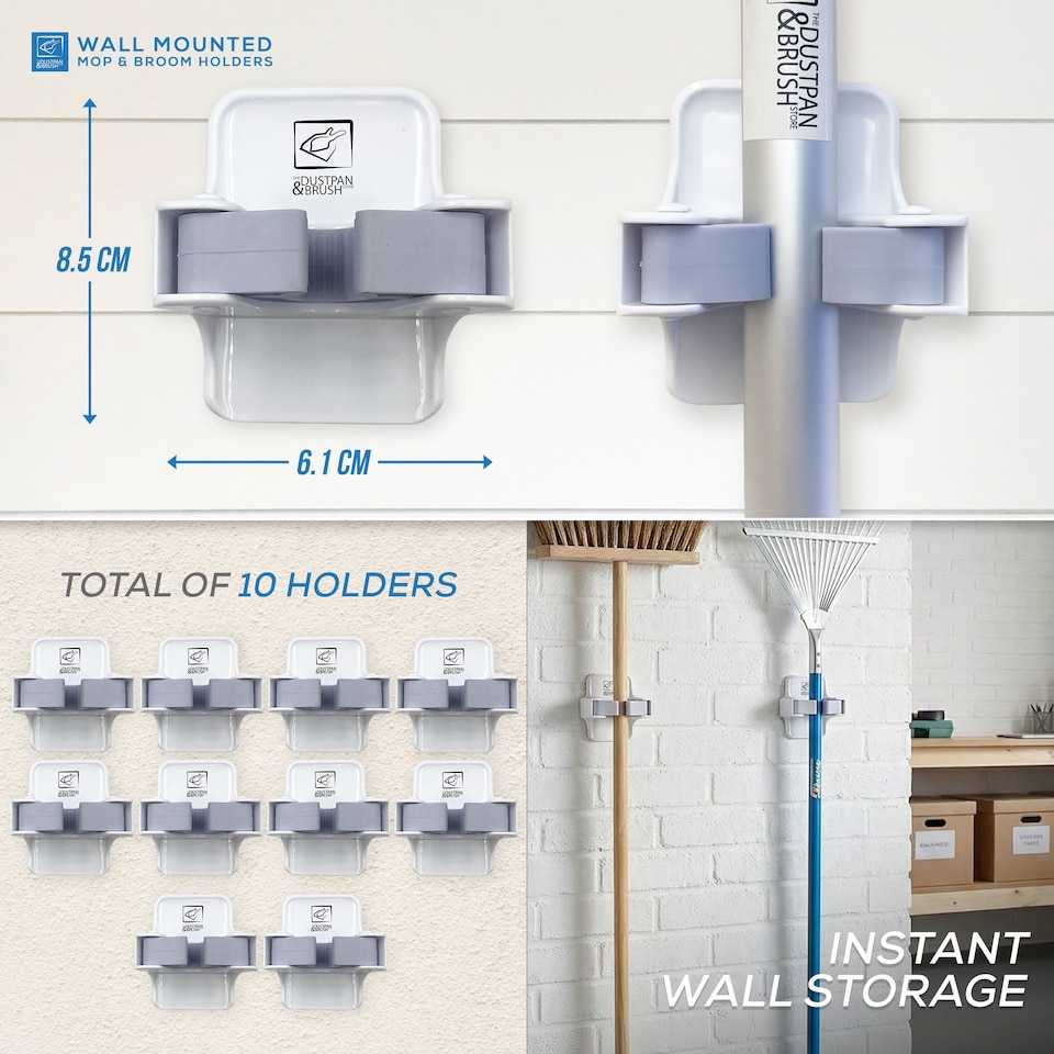 image 1 of Mop & Broom Holder Wall Mounted Grippers Cleaning Tool Storage - Pack of 5 (10 Holders)