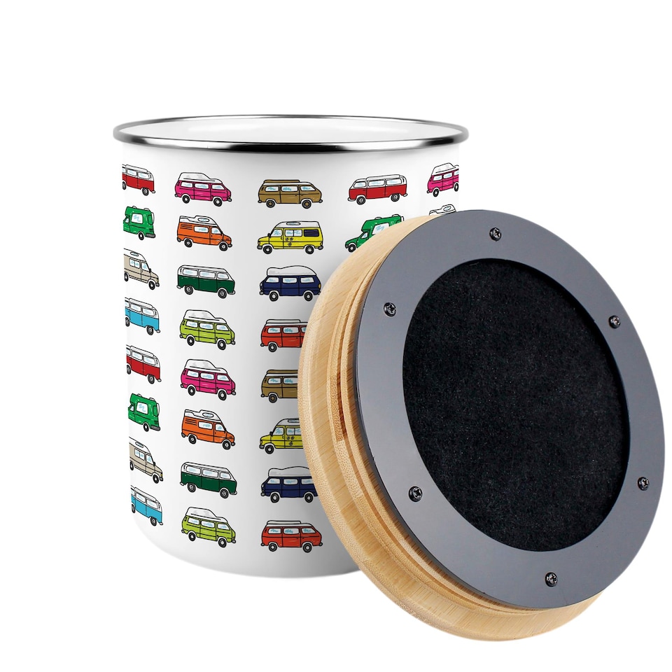 image 1 of Campervan Print Food Waste Caddy - Metal 2L Decorative Kitchen Compost Bin