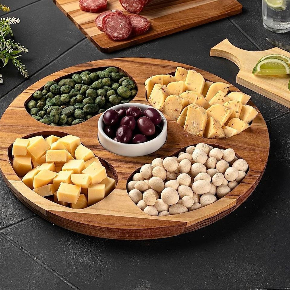 image 1 of Stolf Round Teak Wood Snack Serving Board 5 Divisions with Porcelain Bowl 35.5 x 2.4cm