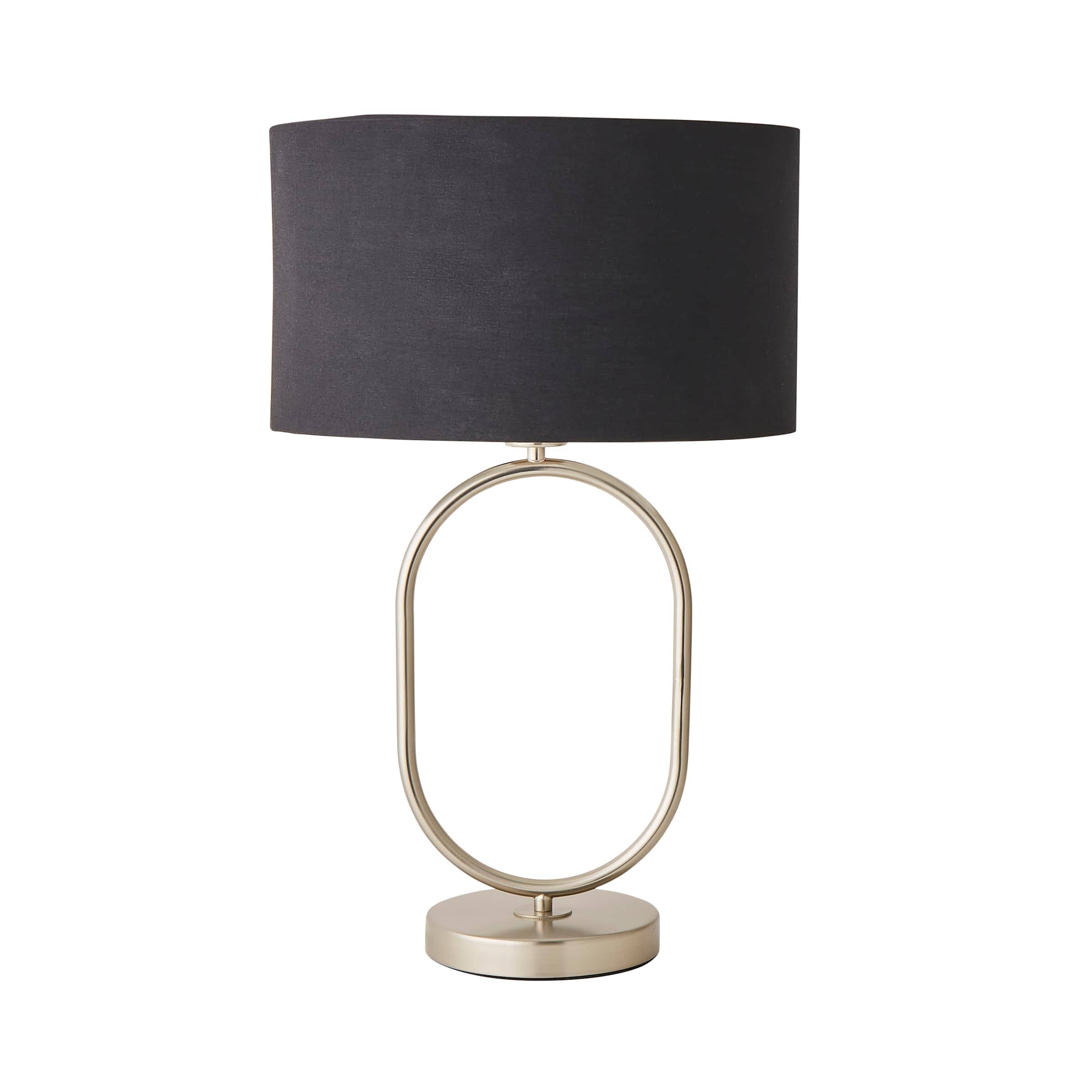 ValueLights Antonia Fabric with Chrome Drum Shade Brushed Chrome Oval Table Lamp in Black
