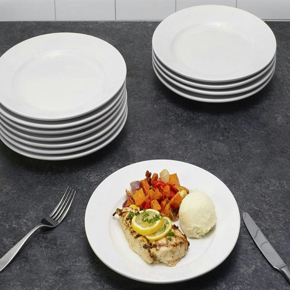 image 1 of Glim Glam Dinner Plates Set 10.5” Porcelain White 6pc Set Rim White